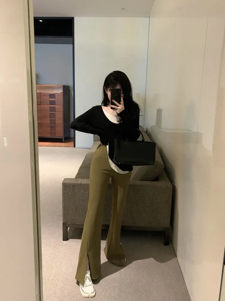 [Korean Style] High Waist Slim Fit Flare Trouser w/ Slit