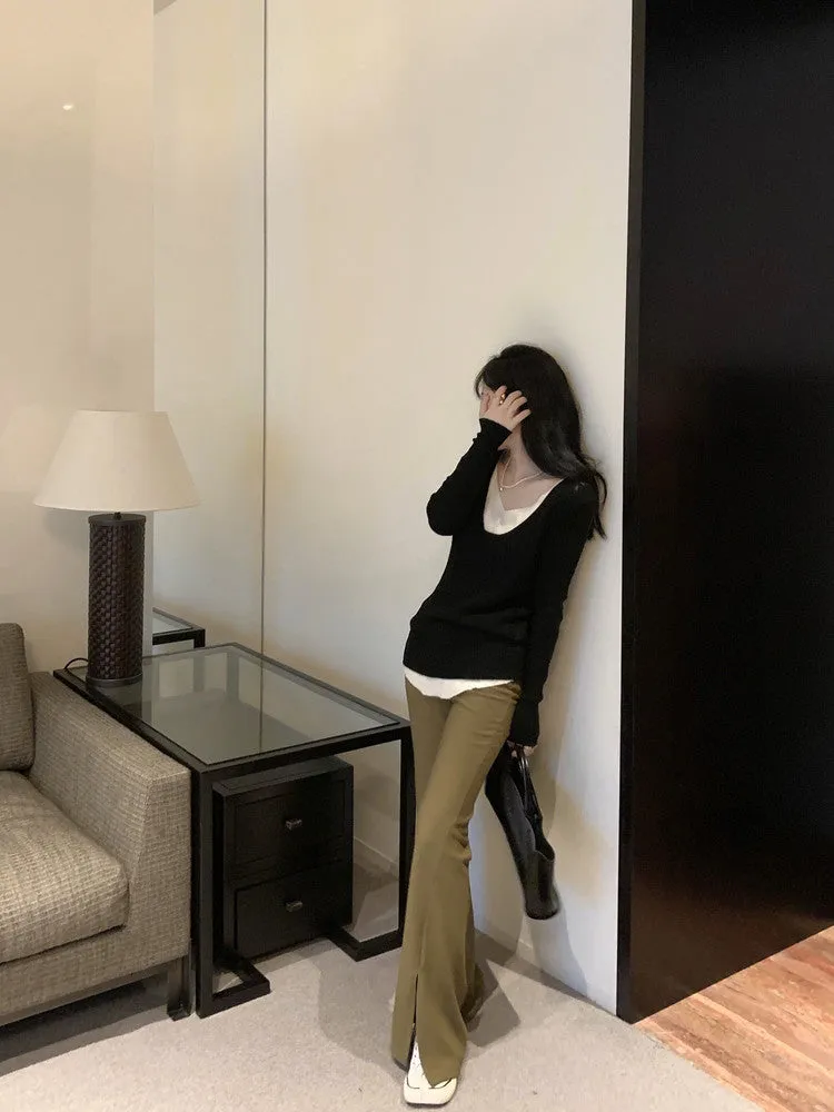 [Korean Style] High Waist Slim Fit Flare Trouser w/ Slit