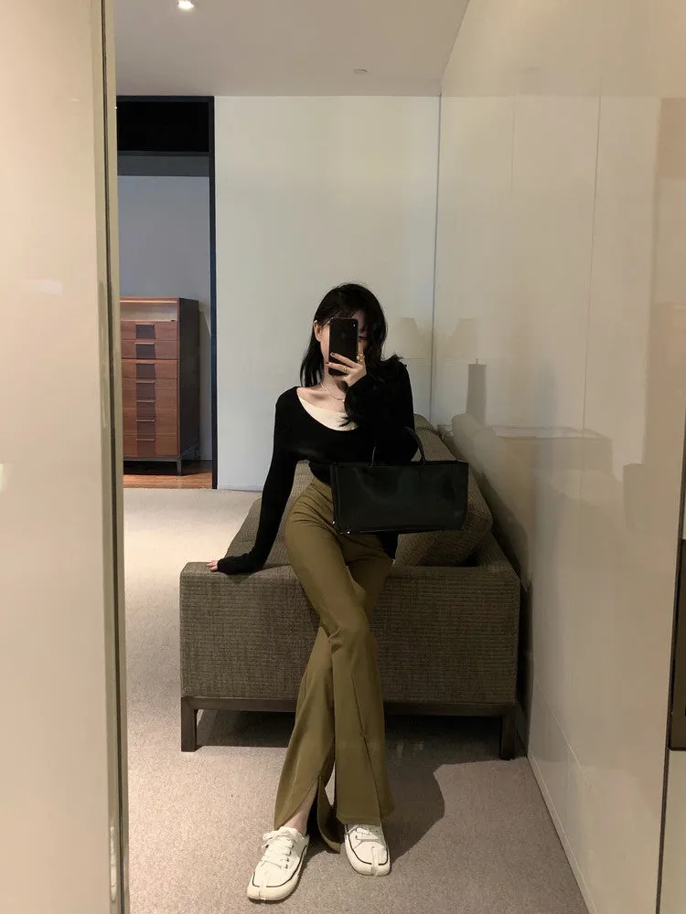 [Korean Style] High Waist Slim Fit Flare Trouser w/ Slit