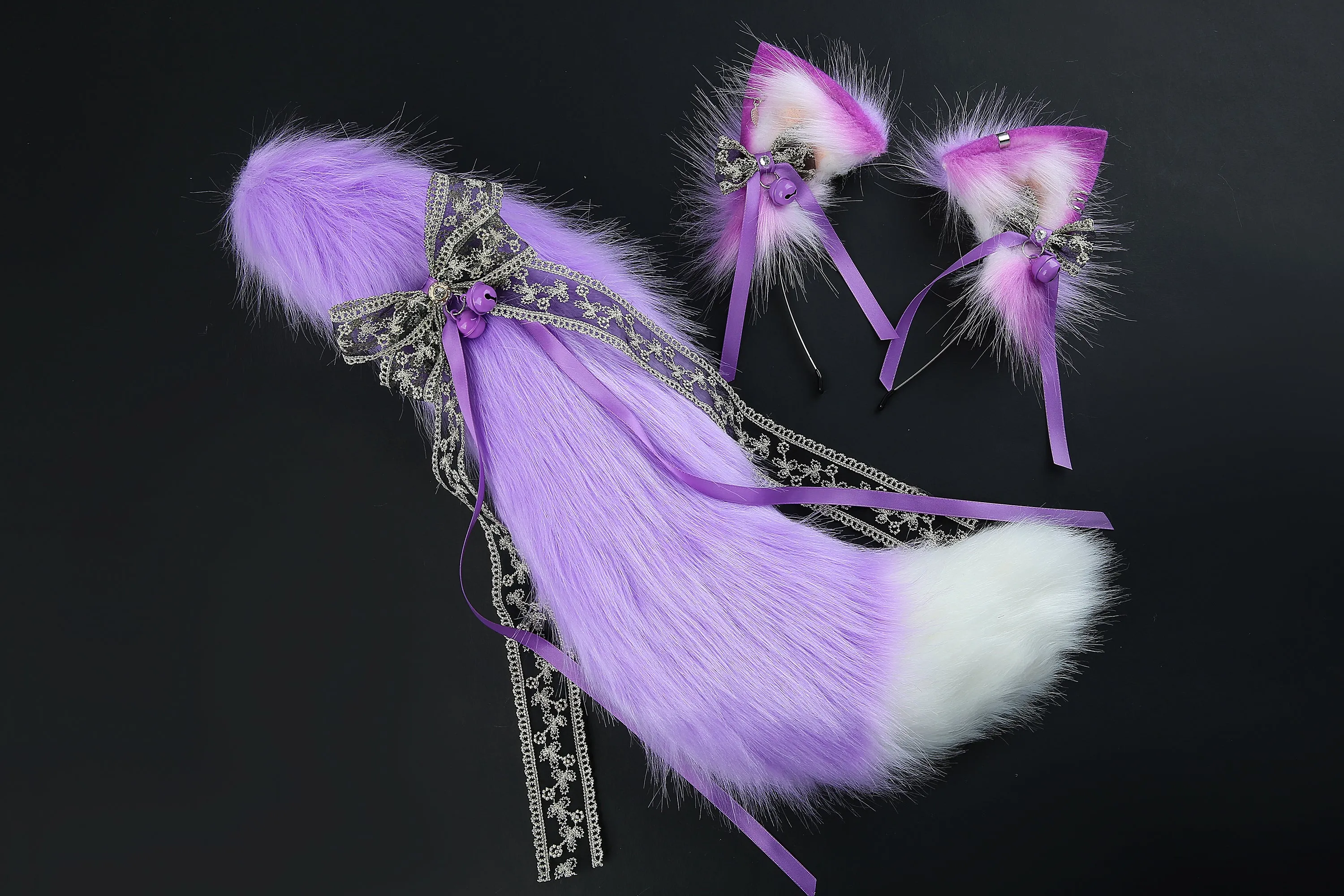Light purple faux fur fox tail plug and ear wolf tail buttplug and ear kitten ear and tail plug set curved tail and ear plug cosplay -mature