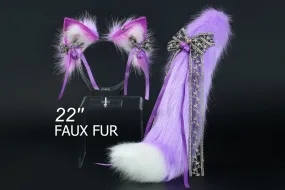 Light purple faux fur fox tail plug and ear wolf tail buttplug and ear kitten ear and tail plug set curved tail and ear plug cosplay -mature