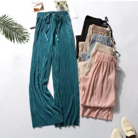 Loose Elastic Waist Sashes Pleated Wide Leg Pants