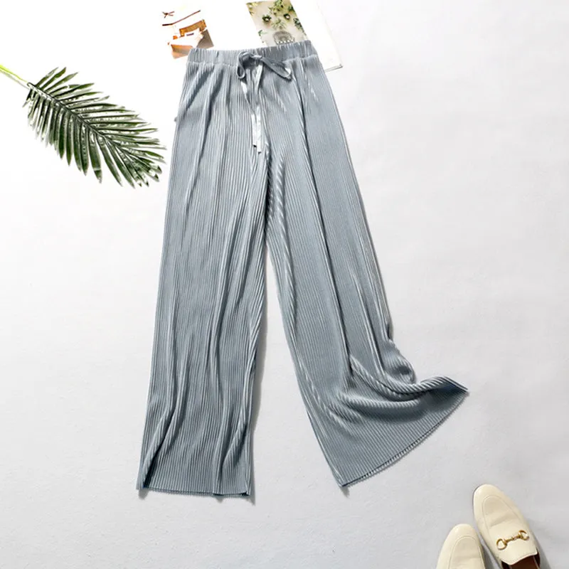 Loose Elastic Waist Sashes Pleated Wide Leg Pants