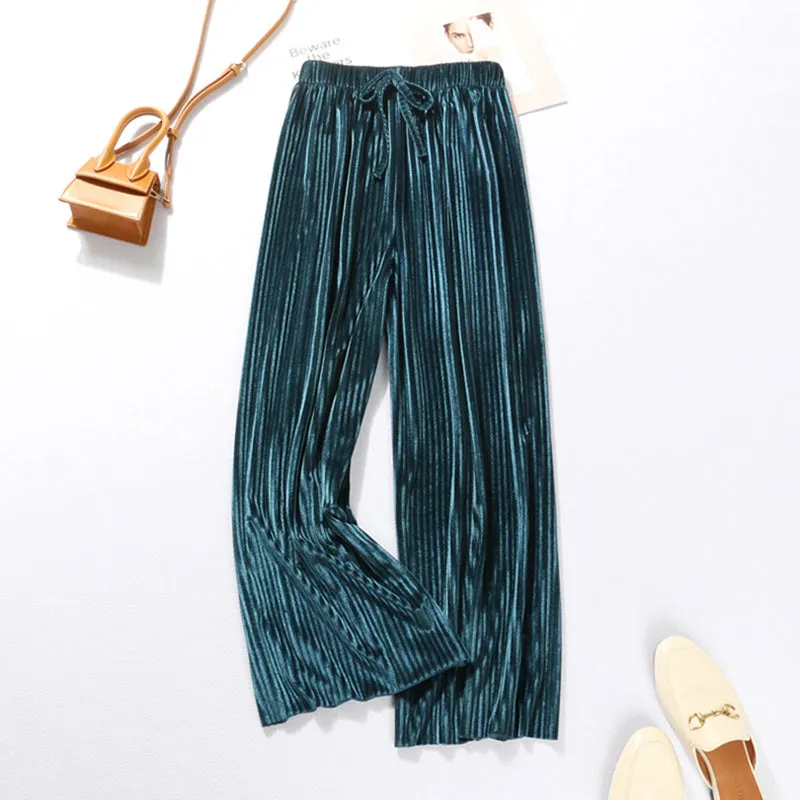 Loose Elastic Waist Sashes Pleated Wide Leg Pants