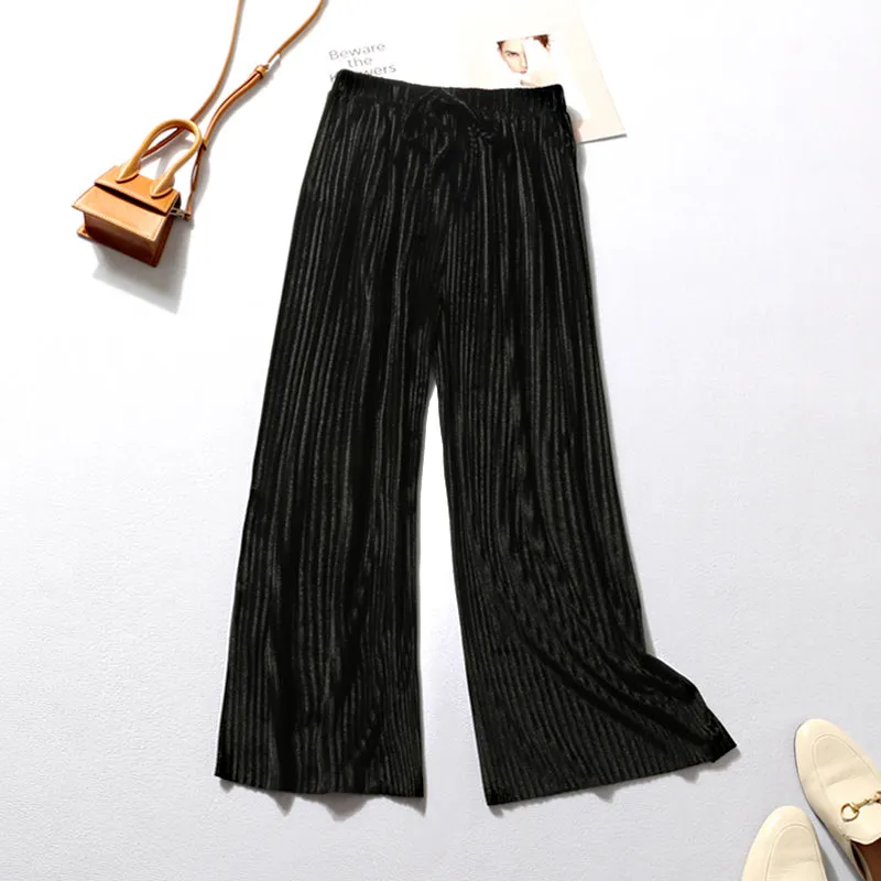 Loose Elastic Waist Sashes Pleated Wide Leg Pants