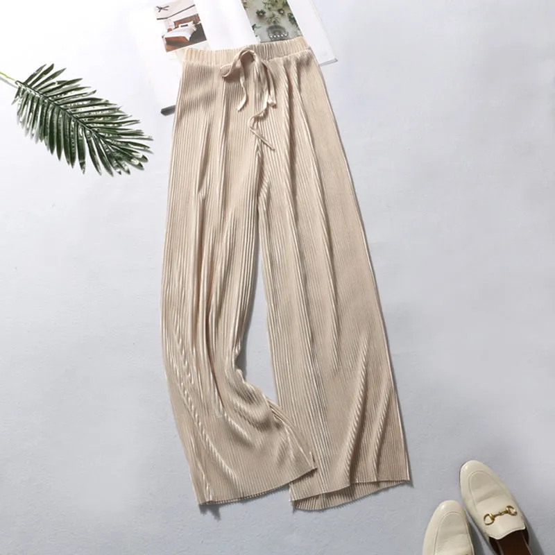 Loose Elastic Waist Sashes Pleated Wide Leg Pants