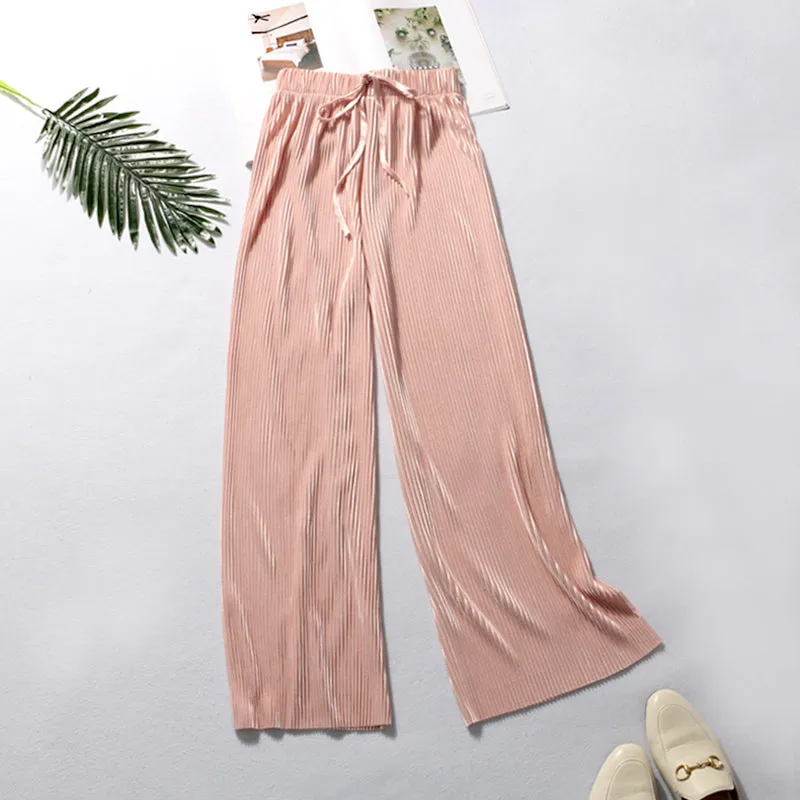 Loose Elastic Waist Sashes Pleated Wide Leg Pants