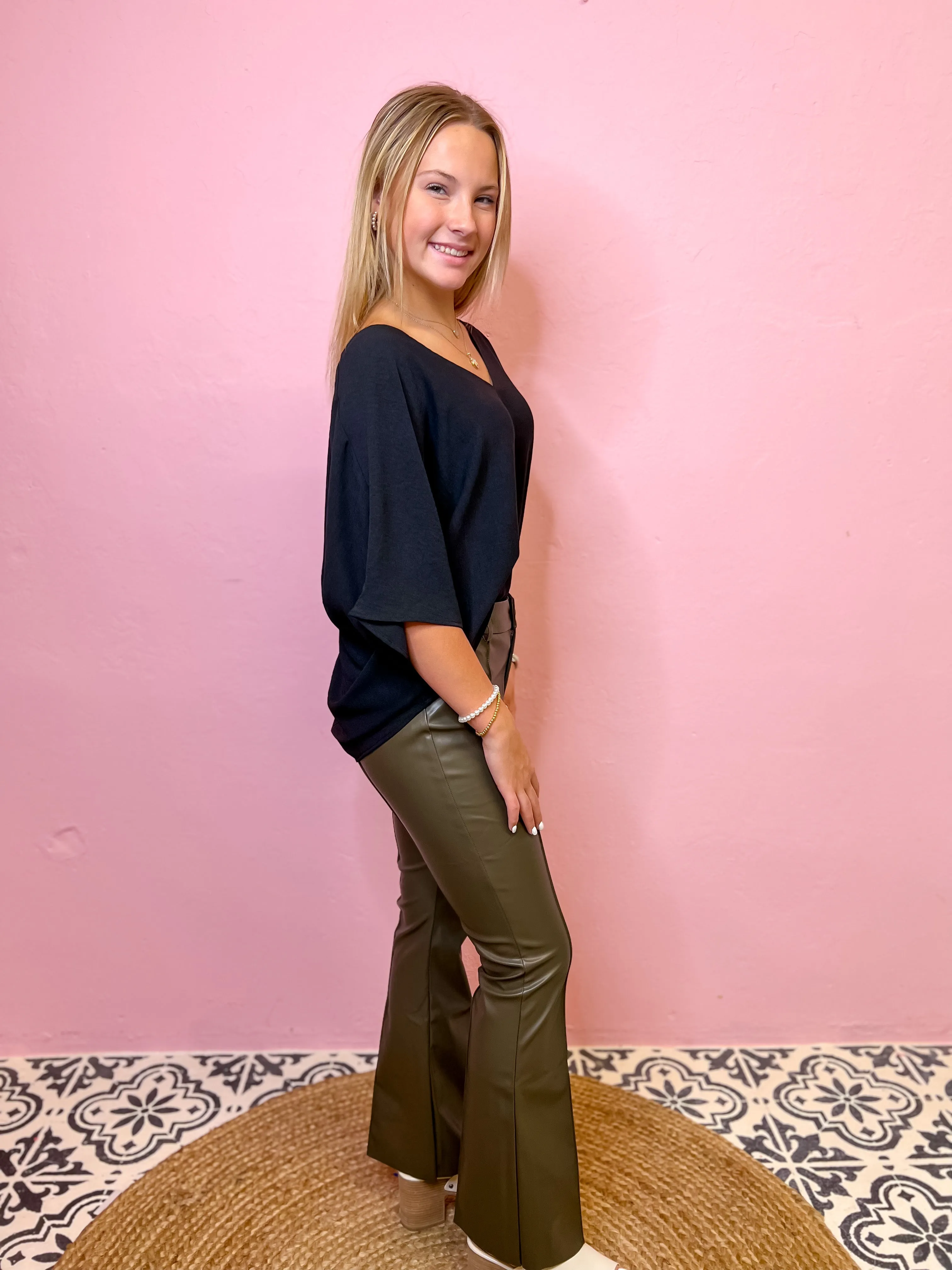 Moss PinTuck Faux Leather Flare Pants