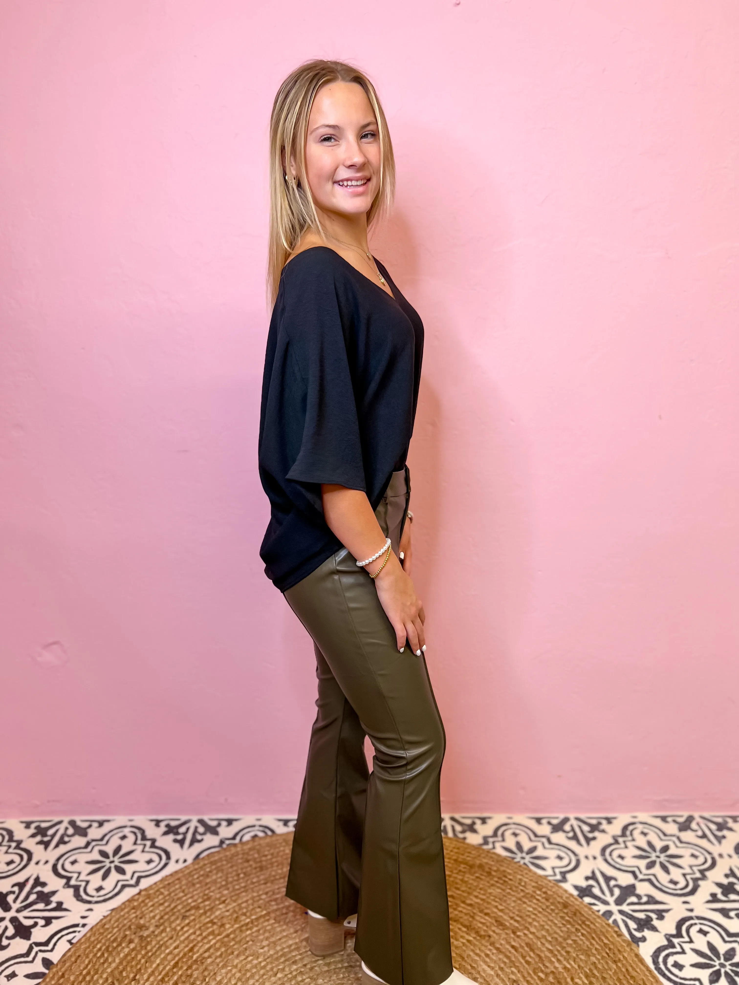 Moss PinTuck Faux Leather Flare Pants
