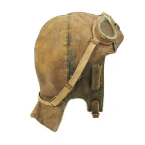 Original British Royal Flying Corps Leather Helmet and Goggles circa 1915