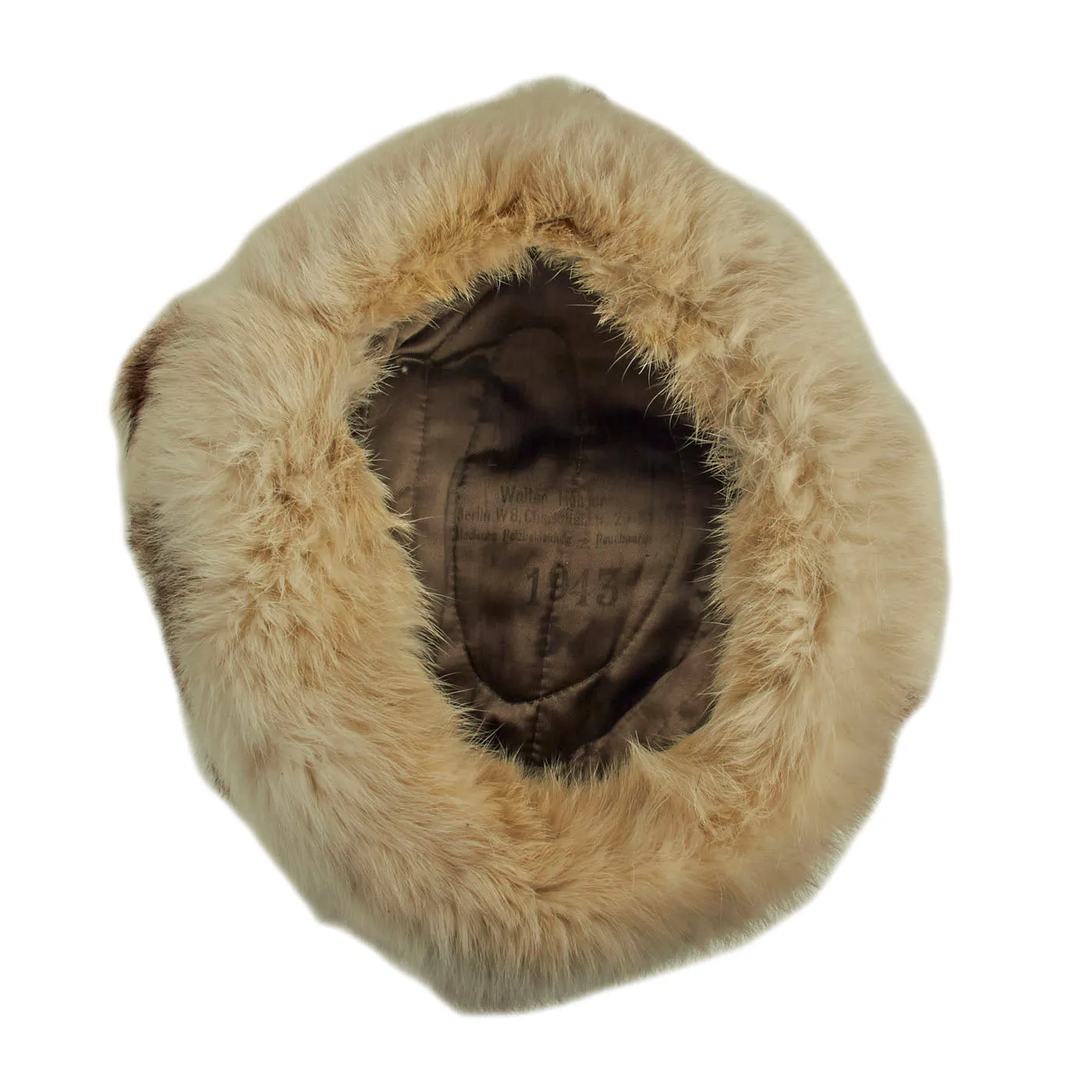 Original German WWII Eastern Front 1943 Dated White Rabbit Fur Pelzmütze Winter Hat with Maker Markings - Size 57