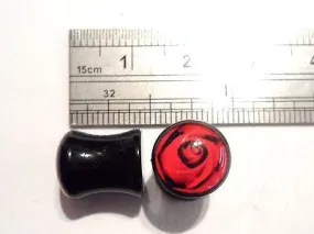 Pair 2 pieces Double Flare Acrylic Black Red Rose Plugs Ear Lobe 0 gauge 0g