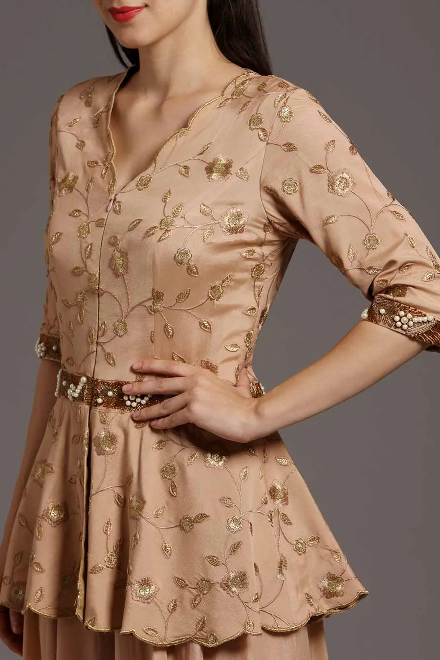 Peach Embroidered Peplum Flared Jumpsuit