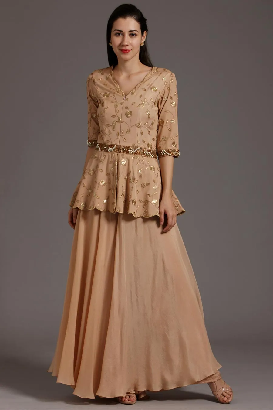 Peach Embroidered Peplum Flared Jumpsuit