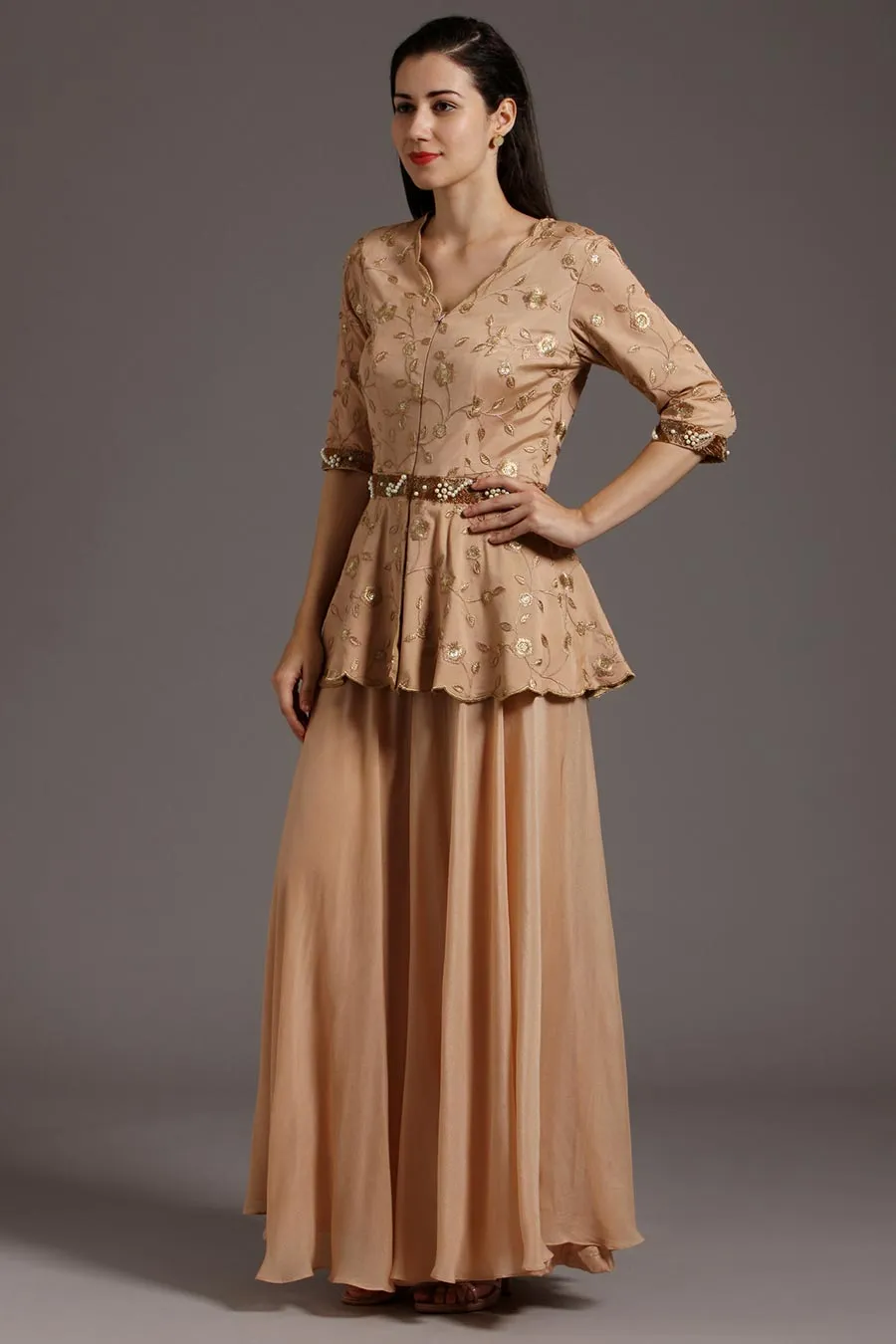 Peach Embroidered Peplum Flared Jumpsuit