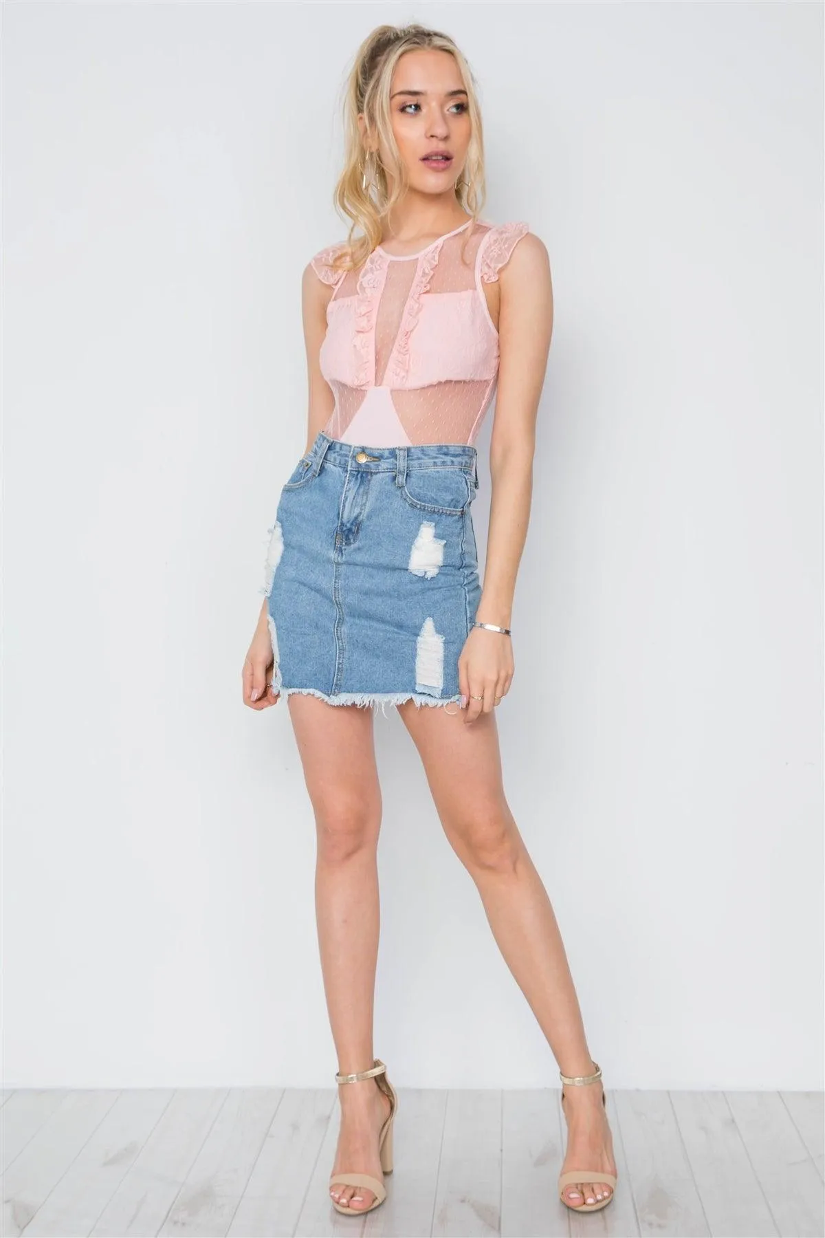 Peach Floral Lace Sheer Ruched Bodysuit