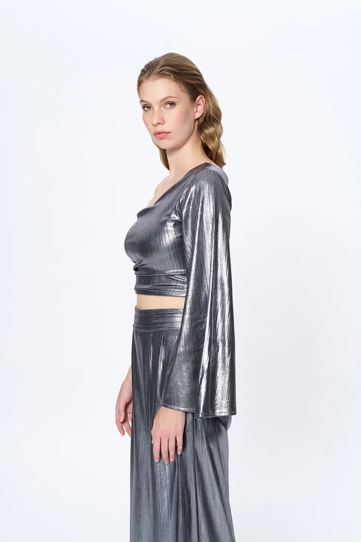 Phoebe Metallic One Shoulder Crop Top