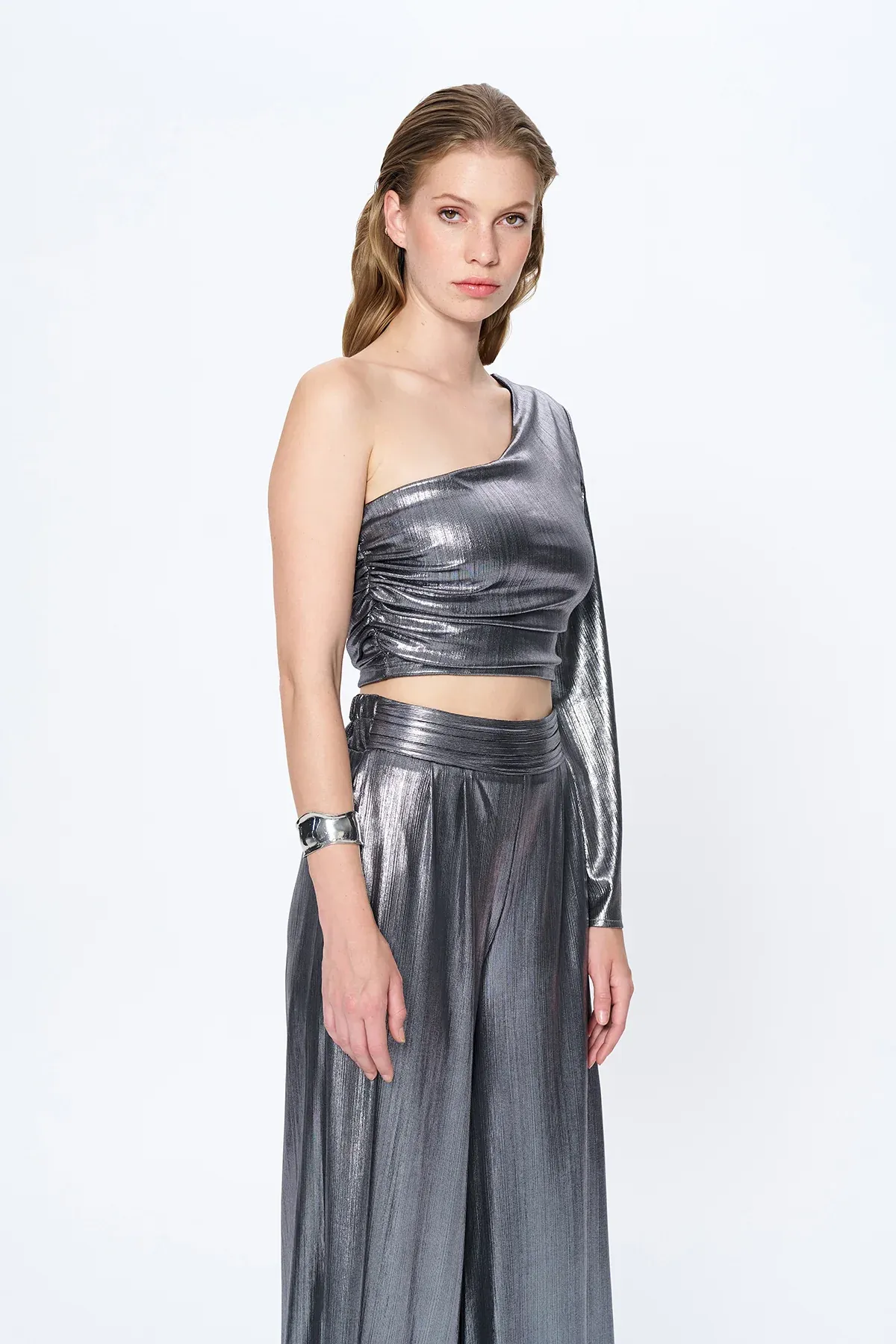 Phoebe Metallic One Shoulder Crop Top