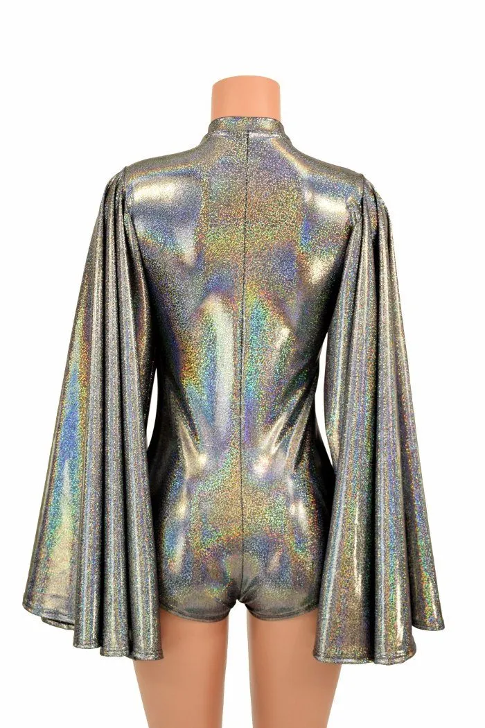 Plunging V Neck Silver Holographic Romper