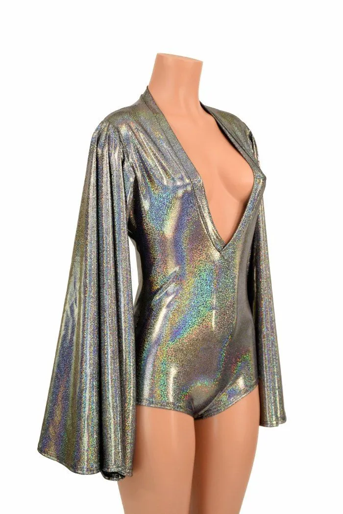 Plunging V Neck Silver Holographic Romper