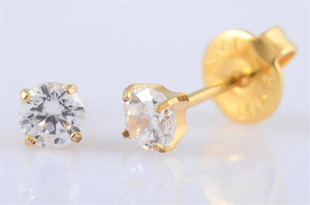 Pre-Sterilised Hypoallergenic Gold Tiffany Surgical Steel CZ 4mm Earrings Clear (1 pair) - 34-404