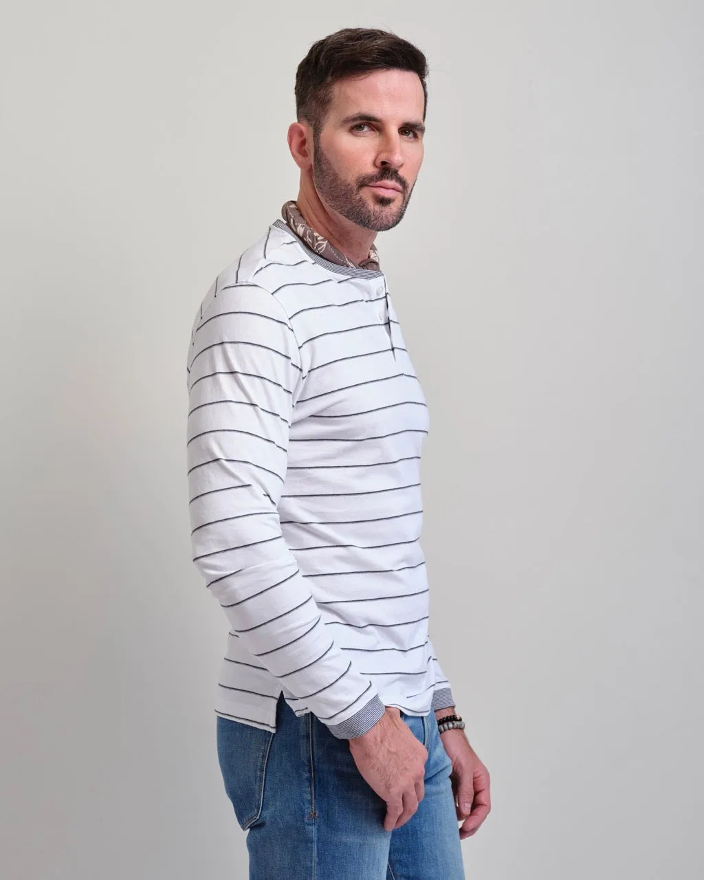 San Diego White Ground Stripe Long Sleeve Henley