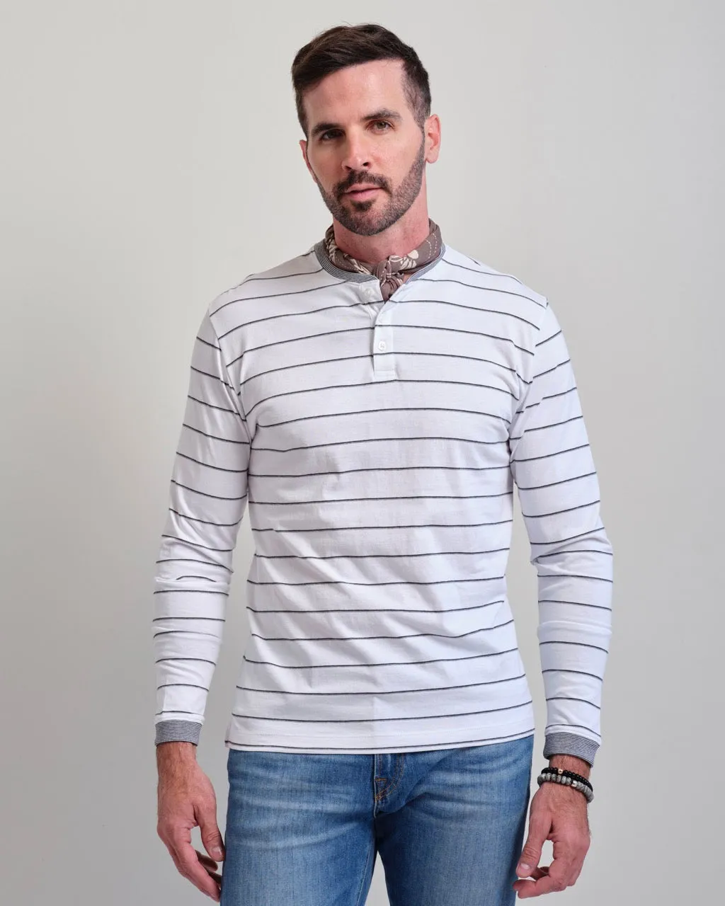 San Diego White Ground Stripe Long Sleeve Henley