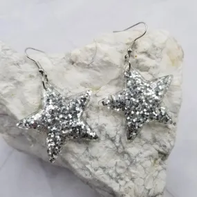 Silver Glitter Star Dangle Earrings