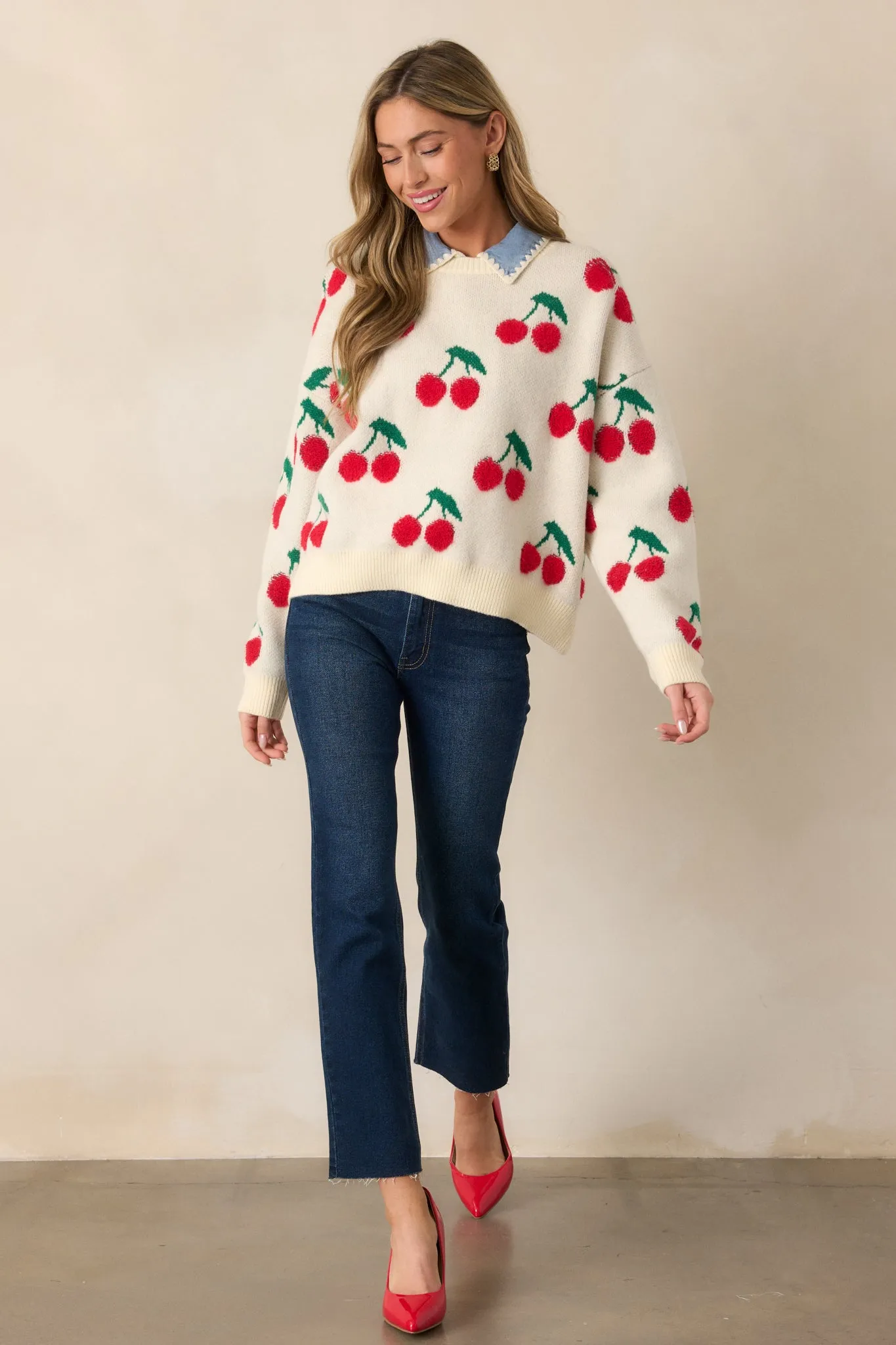 Sweet As Can Be Ivory Cherry Print Sweater