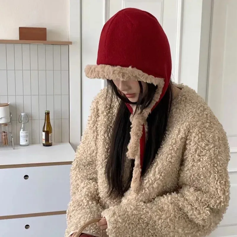 TAVIMART  -  Winter Simple Double-sided Wear Cold Ear Protection Pilot Cap Outdoor Men's and Women's Lamb Wool Warm Lace-up Bomber Hats