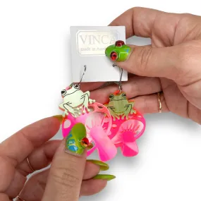 TOAD-ally FUN-gi Dangle Earrings on pink mushrooms