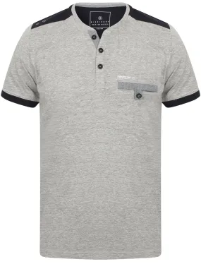 Trilude Open Henley Neck Cotton T-Shirt with Chest Pocket In Light Grey Marl - Dissident