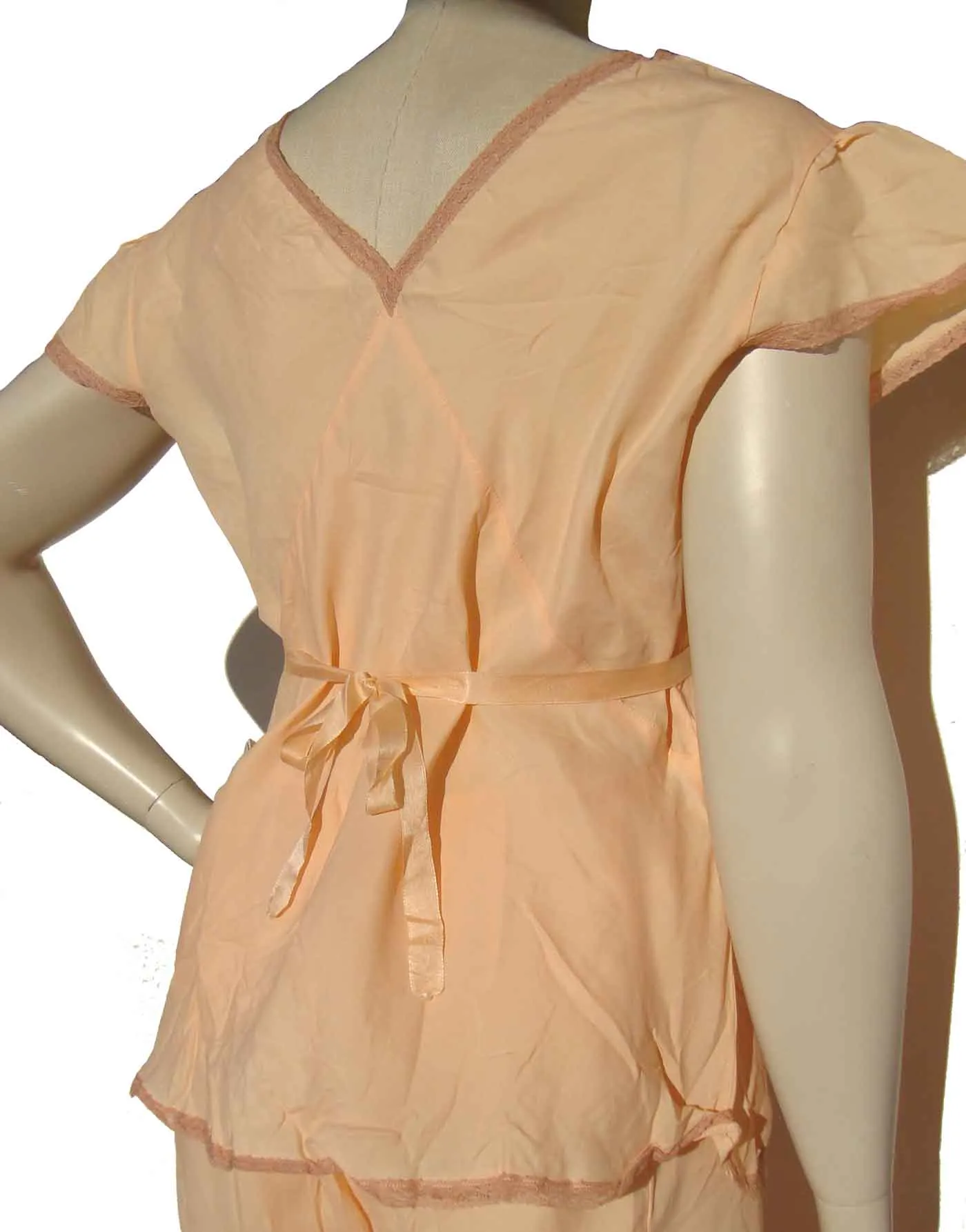 Vintage 30s Pajamas Peach Lingerie Top & High Waist Pants Set M / L