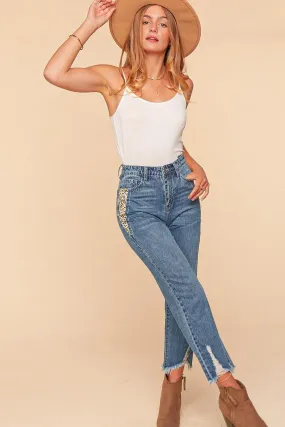 Vintage Blue High Waist Leopard Print Pocket Ripped Ankle Jeans
