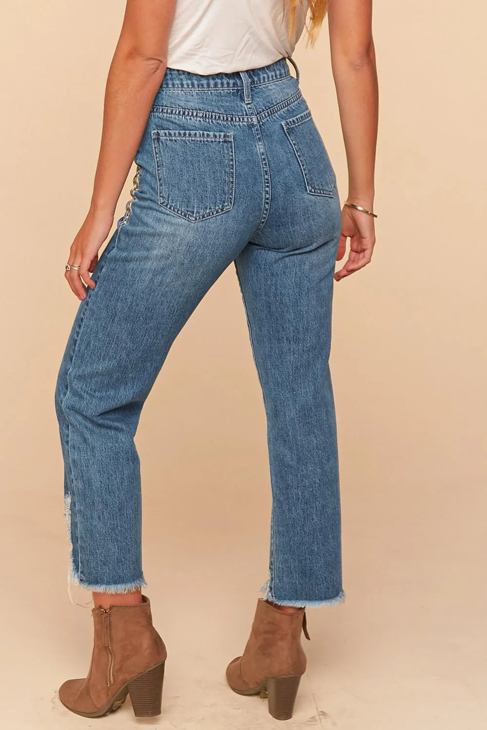 Vintage Blue High Waist Leopard Print Pocket Ripped Ankle Jeans