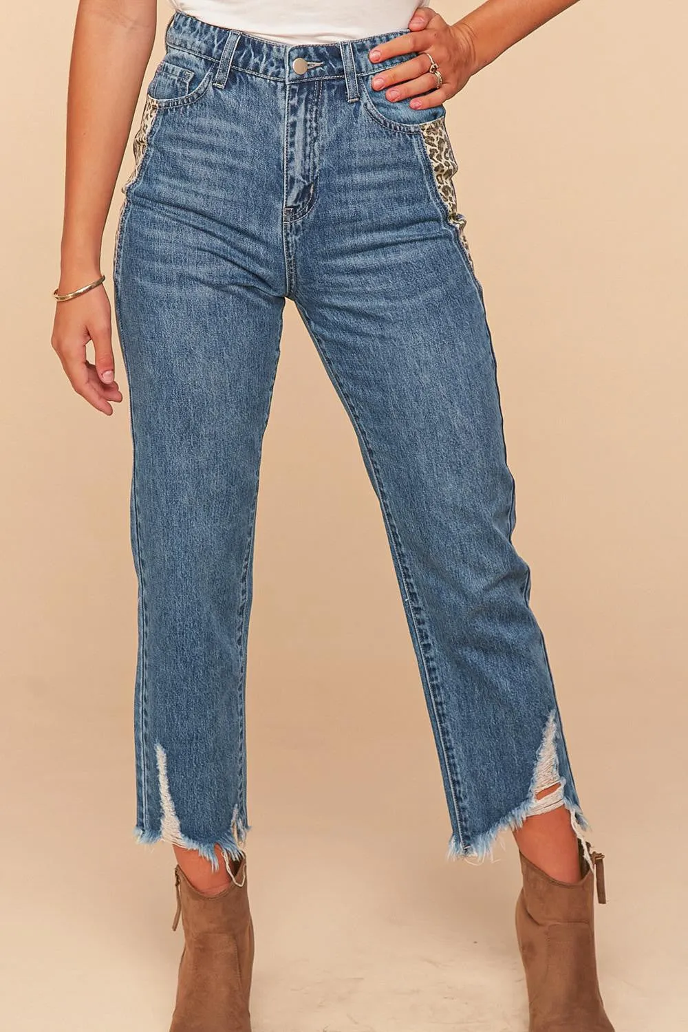 Vintage Blue High Waist Leopard Print Pocket Ripped Ankle Jeans