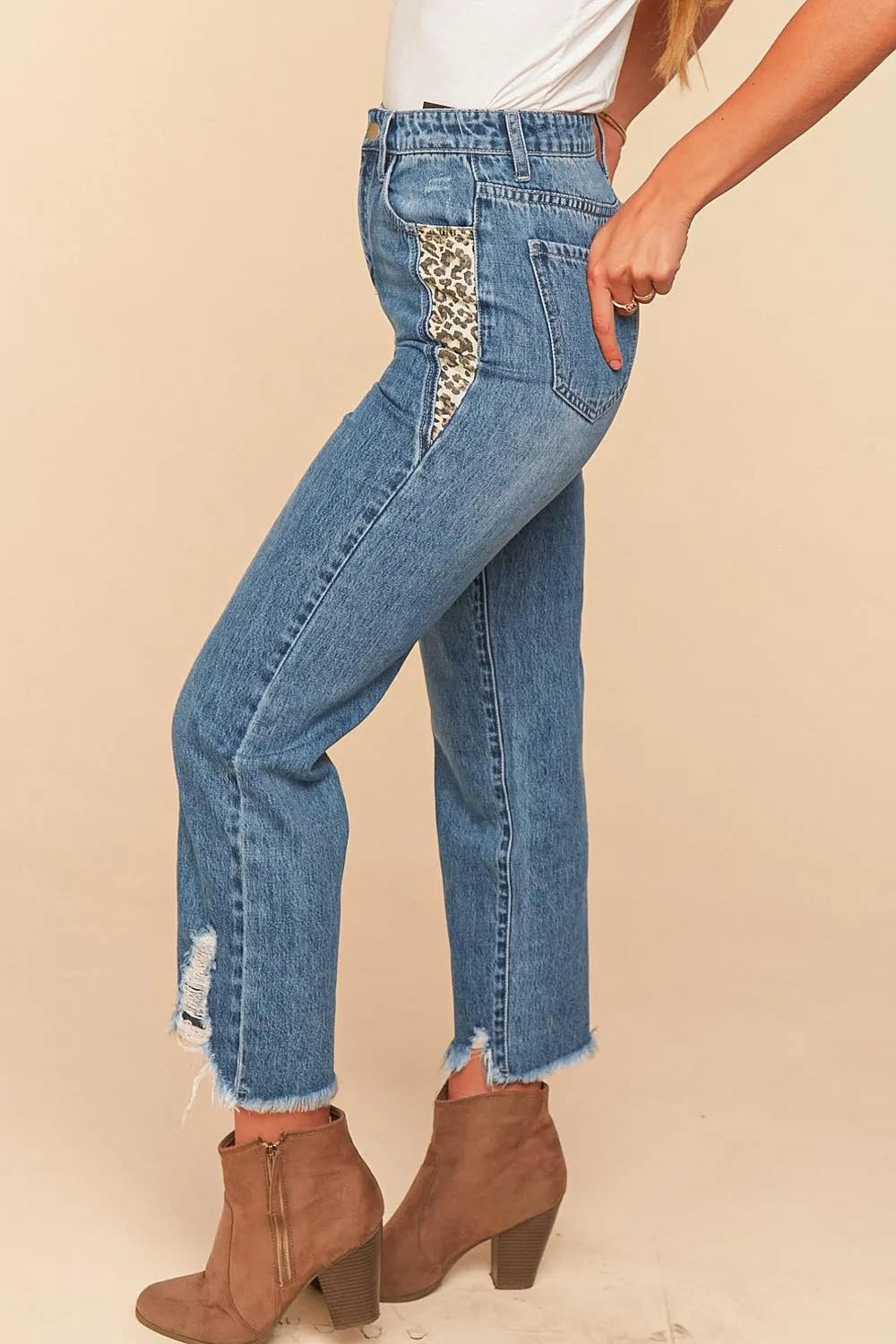 Vintage Blue High Waist Leopard Print Pocket Ripped Ankle Jeans