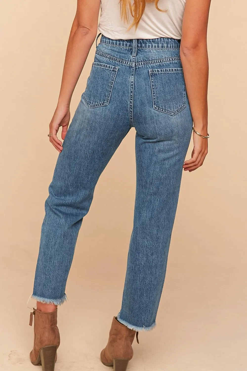 Vintage Blue High Waist Leopard Print Pocket Ripped Ankle Jeans