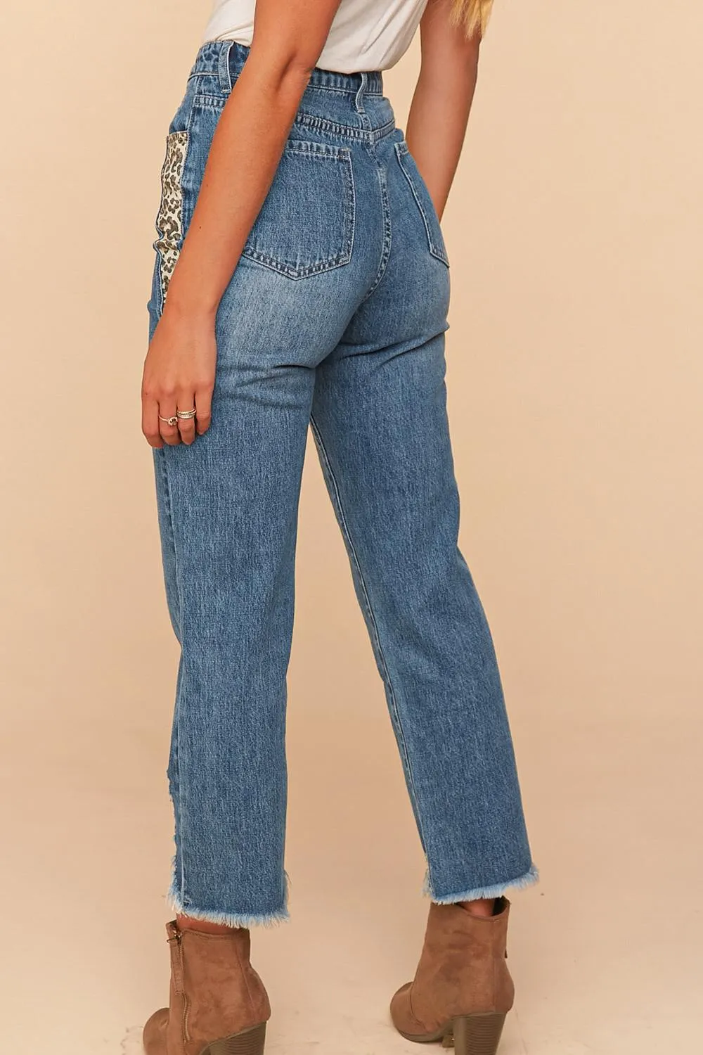 Vintage Blue High Waist Leopard Print Pocket Ripped Ankle Jeans