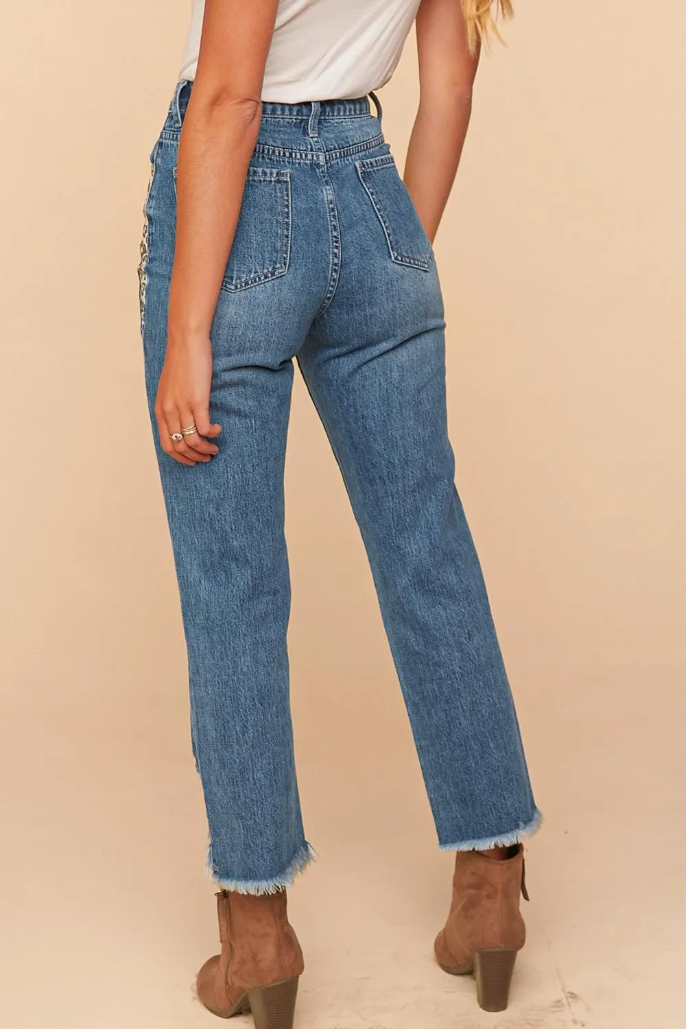 Vintage Blue High Waist Leopard Print Pocket Ripped Ankle Jeans