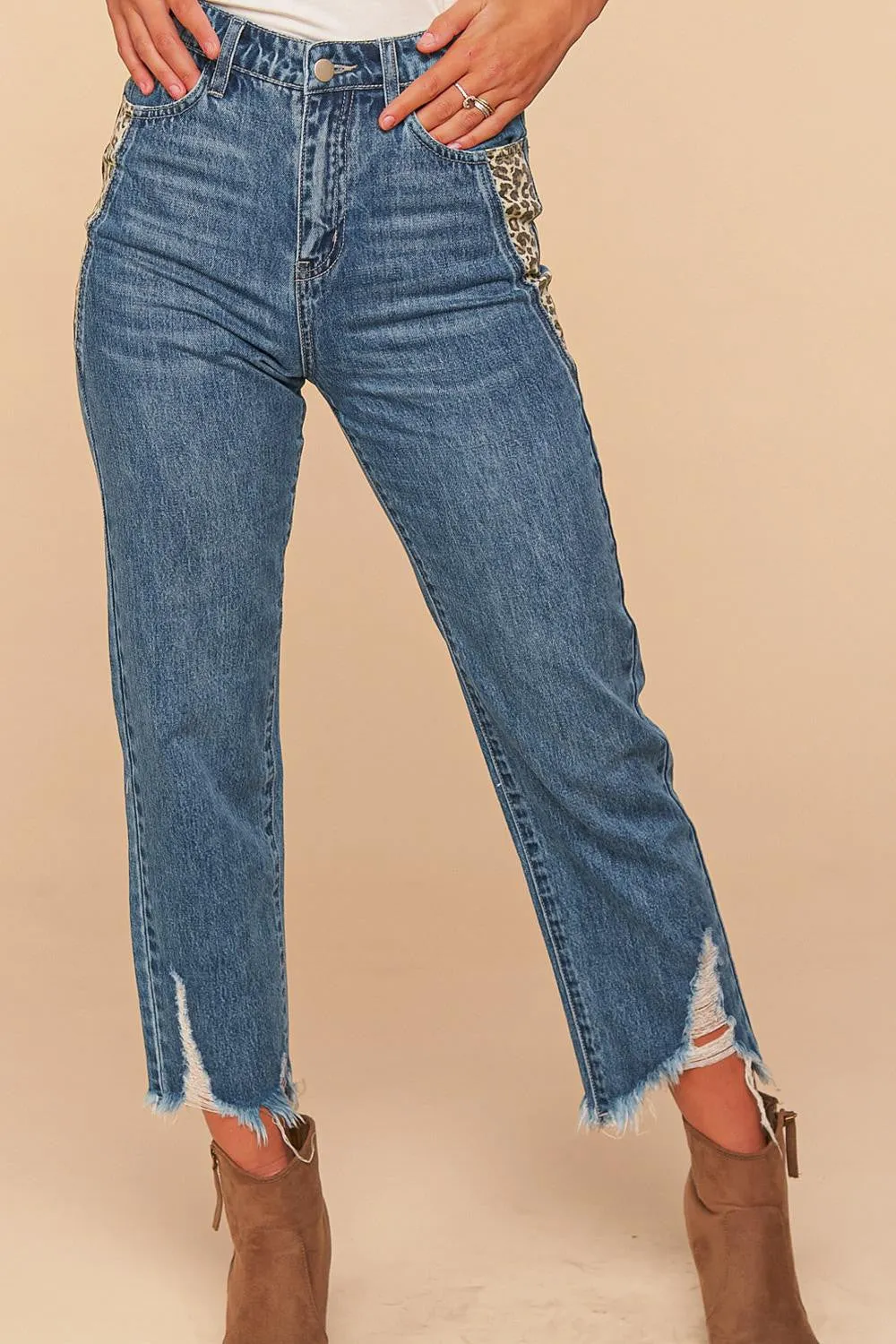 Vintage Blue High Waist Leopard Print Pocket Ripped Ankle Jeans