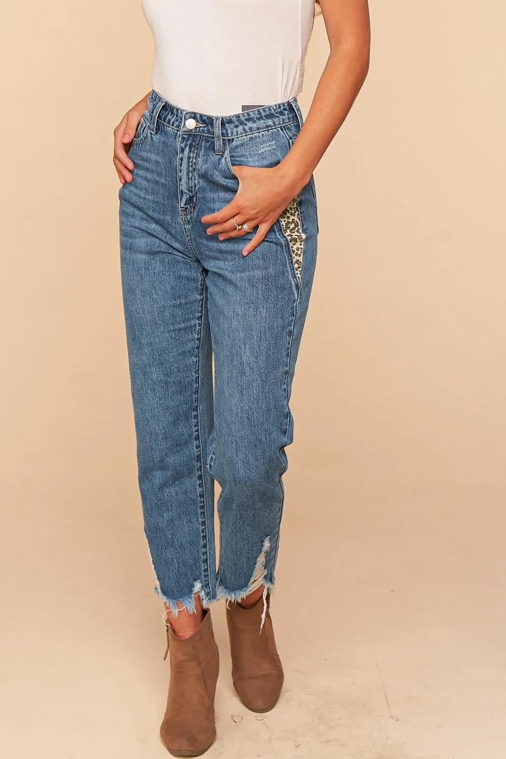 Vintage Blue High Waist Leopard Print Pocket Ripped Ankle Jeans