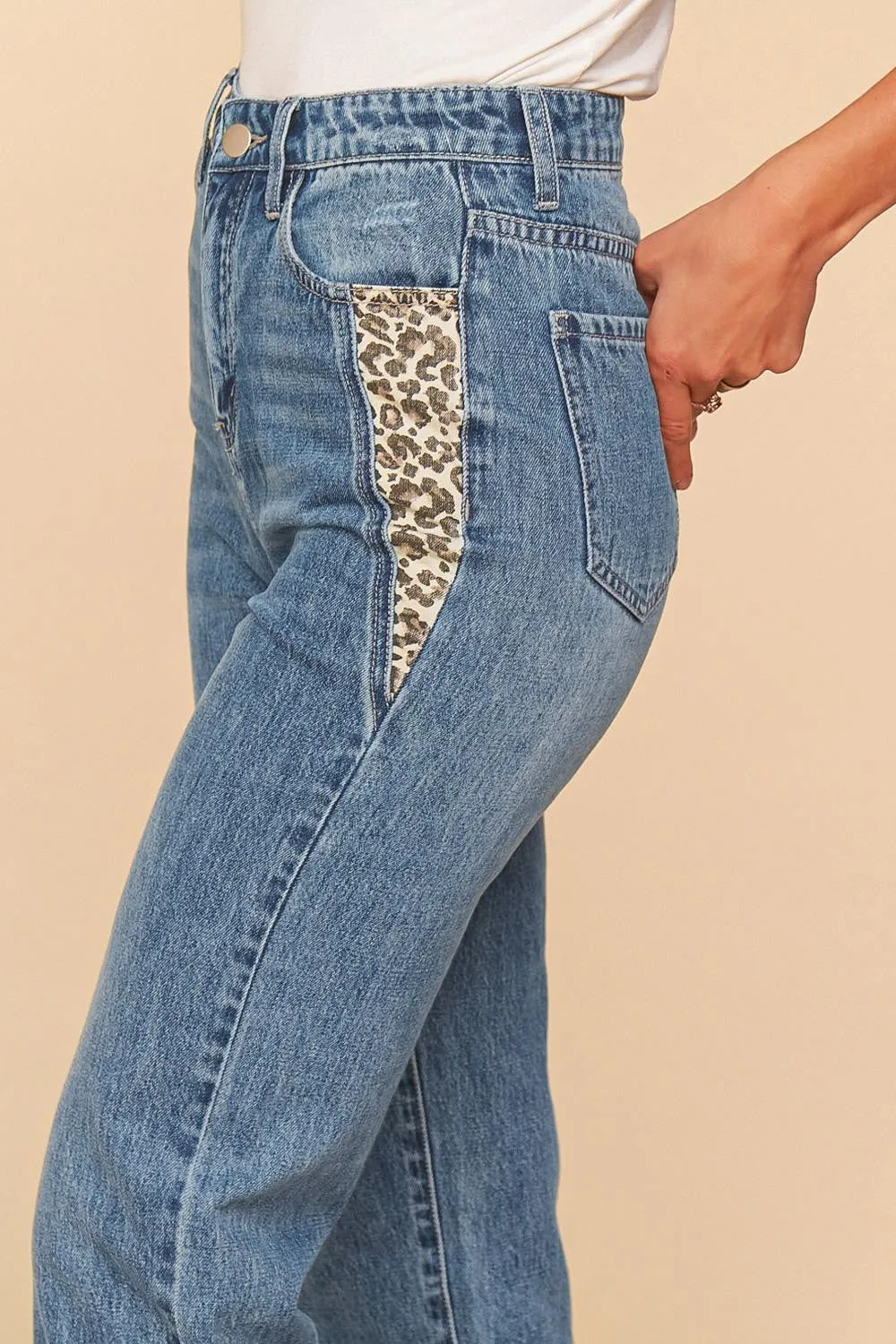 Vintage Blue High Waist Leopard Print Pocket Ripped Ankle Jeans