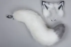 White and gray fox tail plug and ear neko ear and tail set neko cosplay anime wolf tail buttplug and ear kitten ear and tail plug set