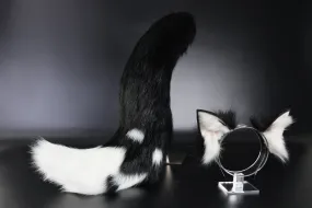 White black faux fur fox ear and tail curved wolf tail and ear cat tail and ear kitten ear and tail set anime cosplay role play ear and tail