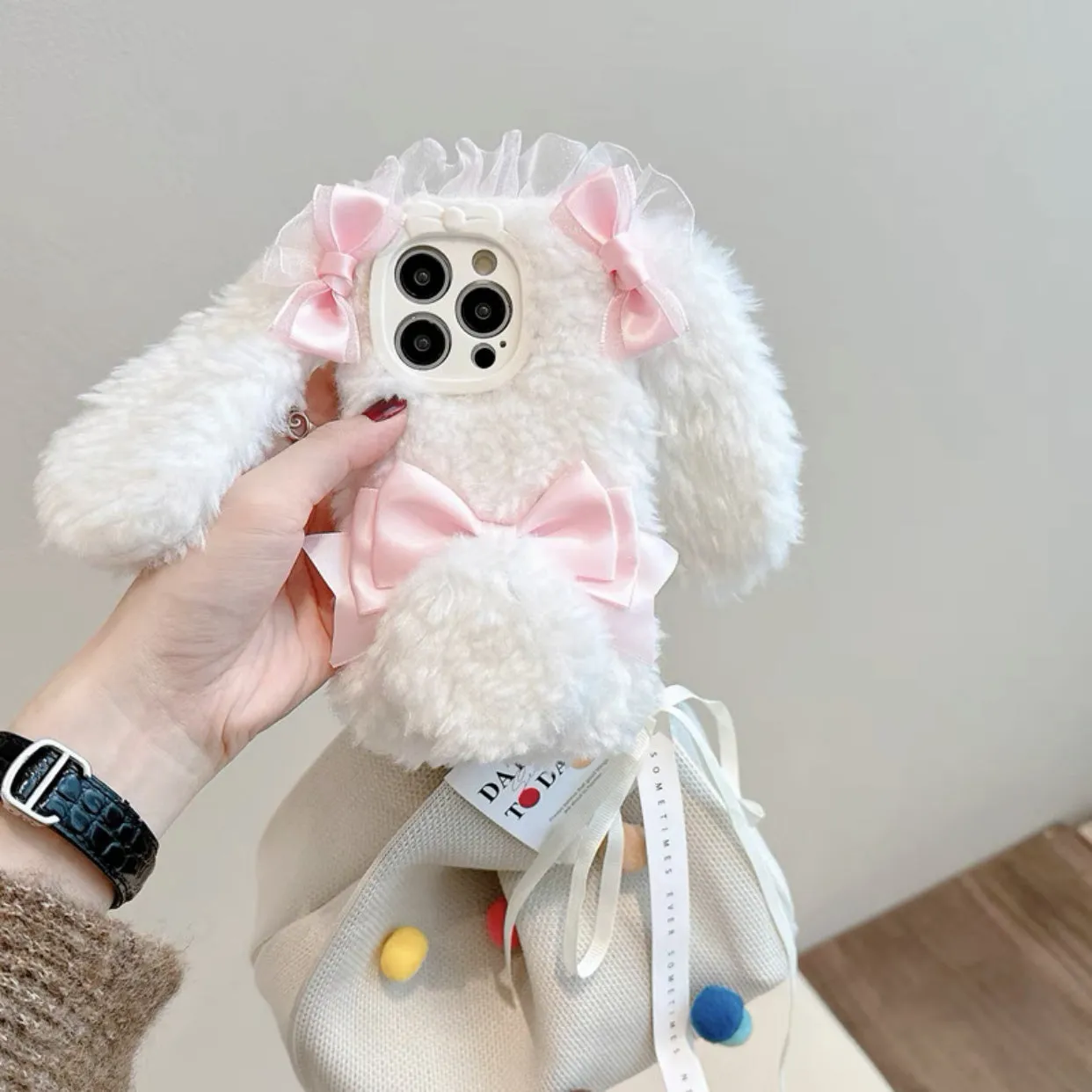 White Bow Plush Bunny Ear IPhone Case AD21187
