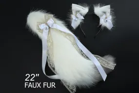 White gray faux fur fox tail plug and ear wolf tail buttplug and ear kitten ear and tail plug set curved tail and ear plug cosplay -mature