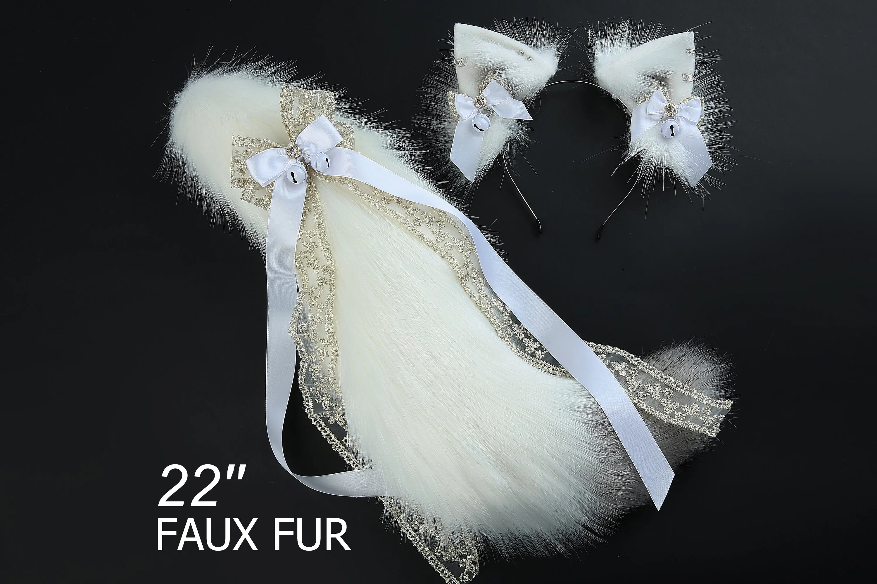 White gray faux fur fox tail plug and ear wolf tail buttplug and ear kitten ear and tail plug set curved tail and ear plug cosplay -mature