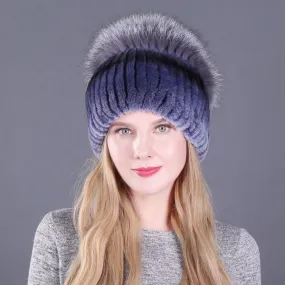 Women's autumn and winter Rex rabbit fur warm flower hat thickened ear protection elastic hat