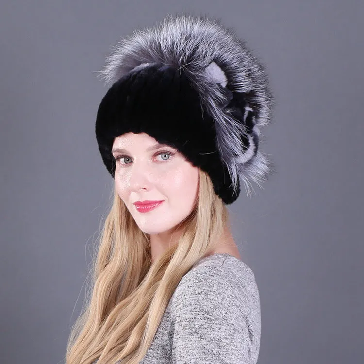 Women's autumn and winter Rex rabbit fur warm flower hat thickened ear protection elastic hat